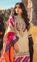 Slub Dyed And Embroidered Shirt Front	1.25 meters Embroidered Organza Neckline 	1 Piece Gold Paste Printed  Shirt Back 	1.25 meters Gold Paste Printed Sleeves 	0.65 meter Digital Printed Chatapati Border 	2 meters Digital Printed Wool Shawl	2.5 meters Dyed Cotton Tensile Pants	2.5 meters