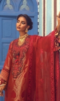 Woven Gold Zari Jacquard Shirt Front	1.25 meters Woven Gold Zari Jacquard Shirt Back	1.25 meters Woven Gold Zari Jacquard Sleeves 	0.65 meter Resham Embroidered Dupatta on Organza 	2.5 meters Resham Embroidered Pallu on Organza 	2 meters Embroidered Neck on Organza 	1 piece Dyed Cotton Pants 	2.5 meters