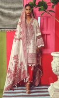 Woven Vinyl Jacquard Shirt Front 	1.25 meters Woven Vinyl Jacquard Shirt Back	1.25 meters Woven Vinyl Jacquard Sleeves 	0.65 meter Resham Embroidered Neckline on Lawn	1 piece Vinyl Woven Jacquard Dupatta  	2.5 meters Printed Cotton Pants 	2.5 meters