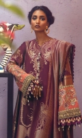 Woven Gold Zari Jacquard Shirt Front 	1.25 meters Woven Gold Zari Jacquard Shirt Back	1.25 meters Woven Gold Zari Jacquard Sleeves 	0.65 meter Woven Gold Zari Jacquard Dupatta	2.5 meters Resham Embroidered Sleeves Border on Satin 	1 meter Tilla Embroidered Patti Border on Lawn 	1 meter Printed Cotton Pants 	2.5 meters
