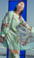 Shirt : Printed lawn with embroidered front. Dupatta : Printed Chiffon Dupatta. Trouser : Printed Cambric Trouser.