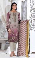 -Shirt : Printed Lawn with Embroidered Front -Printed Chiffon Dupatta. -Dyed Cambric Trouser