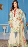 Embroidered and Printed Front Printed Back and Sleeves Printed Chiffon Dupatta Plain Dyed Trouser