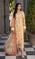 Shirt Front Half: Printed Lawn Shirt Front Half: Embroidered Lawn Shirt Front Border: Lace for Shirt Front Border Shirt Back: Printed Lawn Sleeves: Printed Lawn Sleeves Border Lace: Lace for Sleeves Border Dupatta: Embroidered Chiffon Trouser: Dyed Cotton