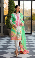 Neckline: Embroidered 1 Pc Shirt Front: Printed Lawn Shirt Front Border Lace: Lace For Shirt Front Shirt Back: Printed Lawn Sleeves: Printed Lawn Dupatta: Printed Chiffon Trouser: Dyed Cotton