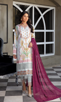 Neckline: Embroidered 1 Pc Shirt Front: Printed Lawn Shirt Back & Sleeves: Printed Lawn Daman Lace 1: Embroidered Organza Daman Lace 2: Embroidered Organza Sleeves Border Lace: Lace for Sleeves Border Dupatta: Embroidered Chiffon Dupatta Trouser: Solid Dyed Cotton