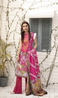 Printed Lawn Shirt with Embroidered Neck Printed Lawn Sleeves printed Lawn Dupatta (2.5mtr) Printed Lawn Extra Patch Dyed Trouser (2.5mtr)