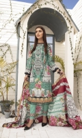 Printed Lawn Shirt with Embroidered Neck Printed Lawn Sleeves Printed Lawn Dupatta (2.5mtr) Printed Lawn Extra Patch Dyed Trouser (2.5mtr)