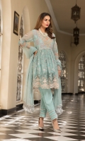 Chiffon Embroidered Front Chiffon Embroidered Back Chiffon Embroidered Sleeves Organza Embroidered Front & back Daman Patch Organza Embroidered Nick Embroidered Chiffon Dupatta (2.5 mtr) Dyed Trouser (2.5 mtr)