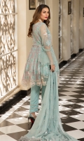 Chiffon Embroidered Front Chiffon Embroidered Back Chiffon Embroidered Sleeves Organza Embroidered Front & back Daman Patch Organza Embroidered Nick Embroidered Chiffon Dupatta (2.5 mtr) Dyed Trouser (2.5 mtr)
