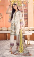 Front Lawn Embroidery Embroidered Neck Patti & Border Digital Printed Back & Sleeves Digital printed Chiffon Dupatta (2.5mtr) Dyed Trouser (2.5mtr) Trouser Printed Patch