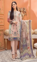 Digital Printed Lawn Shirt with Front Embroidery Digital Printed Sleeves Digital printed Chiffon Dupatta (2.5mtr) Dyed Trouser (2.5mtr) Embroidered Motif