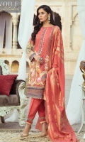 3 Mtr: Digital Printed Swiss Voile Shirt with Embroidered Front Digital Printed Sleeves Digital Printed Patch 2.5Mtr: Jacquard Dupatta 2.5 Mtr: Dyed Trouser Embroidered Lace