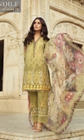 3 Mtr: Digital Printed Swiss Voile Shirt With Embroidered Front Digital Printed Sleeves Digital Printed Patch Embroidered Lace Trouser Motifs 2.5Mtr: Digital Printed Chiffon Dupatta 2.5 Mtr: Dyed Trouser