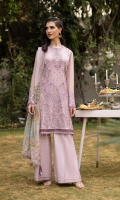 Shirt Dyed Embroidered Bemberg Crinkle Chiffon Shirt Panels 3PC Dyed Bemberg Crinkle Chiffon Shirt Back 1m Dyed Embroidered Bemberg Crinkle Chiffon Shirt Sleeves 0.7m Embroidered Patti 1PC Dyed Thai Silk Slip 2m Color: Lavender Fabric: Bemberg Crinkle Chiffon  Trouser Dyed Viscose Raw Silk Trouser 2.5m Color: Lavender Fabric: Viscose Raw Silk  Dupatta Digital Printed Viscose Chiffon Dupatta 2.5m Color: Lavender Fabric: Viscose Chiffon