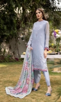 Shirt Dyed Embroidered Bemberg Crinkle Chiffon Shirt Front 0.66m Dyed Bemberg Crinkle Chiffon Shirt Back 1.7m Dyed Embroidered Bemberg Crinkle Chiffon Shirt Sleeves 0.66m Dyed Thai Silk Slip 2m Color: Light Blue Fabric: Bemberg Crinkle Chiffon  Trouser Dyed Viscose Raw Silk Trouser 2.5m Color: Light Blue Fabric: Viscose Raw Silk  Dupatta Digital Printed Viscose Chiffon Dupatta 2.5m Color: Multi Fabric: Viscose Chiffon