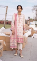 Shirt Yarn Dyed Jacquard Shirt 3m Embroidered Border 3PC Color: Off White and Tea Pink Fabric: Yarn Dyed Jacquard  Trouser Dyed Cotton Trouser 2.5m Color: Off White Fabric: Cotton  Dupatta Yarn Dyed Jacquard Dupatta 2.5m Color: Off White and Tea Pink Fabric: Yarn Dyed Jacquard