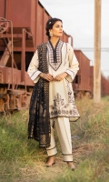 Shirt Dyed Embroidered Fine Lawn Shirt Front 1.15m Dyed Embroidered Fine Lawn Shirt Back & Sleeves 1.85m Embroidered Neckline 1PC Color: Off White Fabric: Fine Lawn  Dupatta Dyed Extra Weft Jacquard Dupatta 2.5m Color: Black and Golden Fabric: Extra Weft Jacquard