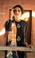 Shirt Dyed Embroidered Slub Lawn Shirt Front 1.15m Dyed Slub Lawn Shirt Back & Sleeves 1.85m Color: Black Fabric: Slub Lawn  Trouser Dyed Cotton Trouser 2.5m Color: Black Fabric: Cotton  Dupatta Printed Broche Jacquard Dupatta 2.5m Color: Multi Fabric: Broche Jacquard