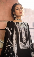 Shirt Dyed Embroidered Fine Lawn Shirt Panels 3PC Dyed Fine Lawn Shirt Back 1.15m Dyed Embroidered Fine Lawn Shirt Sleeves 0.7m Embroidered Patti 1PC Color: Black Fabric: Fine Lawn  Trouser Dyed Cotton Trouser 2.5m Color: Black Fabric: Cotton  Dupatta Dyed Embroidered Bemberg Crinkle Chiffon Dupatta 2.5m Color: Black Fabric: Bemberg Crinkle Chiffon