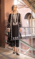 Shirt Dyed Embroidered Fine Lawn Shirt Panels 3PC Dyed Fine Lawn Shirt Back 1.15m Dyed Embroidered Fine Lawn Shirt Sleeves 0.7m Embroidered Patti 1PC Color: Black Fabric: Fine Lawn  Trouser Dyed Cotton Trouser 2.5m Color: Black Fabric: Cotton  Dupatta Dyed Embroidered Bemberg Crinkle Chiffon Dupatta 2.5m Color: Black Fabric: Bemberg Crinkle Chiffon