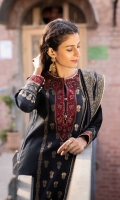Shirt Dyed Extra Weft Jacquard Shirt 3.55m Embroidered Neckline 1PC Embroidered Border 1PC Color: Black Fabric: Extra Weft Jacquard  Trouser Dyed Cotton Trouser 2.5m Color: Black Fabric: Cotton  Dupatta Dyed Extra Weft Jacquard Dupatta 2.5m Color: Black and Golden Fabric: Extra Weft Jacquard