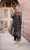 Shirt Dyed Extra Weft Jacquard Shirt 3.55m Embroidered Neckline 1PC Embroidered Border 1PC Color: Black Fabric: Extra Weft Jacquard  Trouser Dyed Cotton Trouser 2.5m Color: Black Fabric: Cotton  Dupatta Dyed Extra Weft Jacquard Dupatta 2.5m Color: Black and Golden Fabric: Extra Weft Jacquard