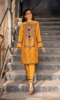 Shirt Dyed Embroidered Fine Lawn Shirt Front 1.15m Dyed Fine Lawn Shirt Back & Sleeves 1.85m Embroidered Neckline 1PC Color: Mustard Fabric: Fine Lawn  Trouser Dyed Cotton Trouser 2.5m Color: Mustard Fabric: Cotton
