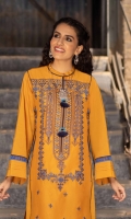 Shirt Dyed Embroidered Fine Lawn Shirt Front 1.15m Dyed Fine Lawn Shirt Back & Sleeves 1.85m Embroidered Neckline 1PC Color: Mustard Fabric: Fine Lawn  Trouser Dyed Cotton Trouser 2.5m Color: Mustard Fabric: Cotton