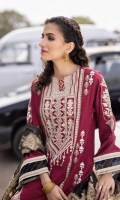 Shirt Dyed Embroidered Self Jacquard Shirt Panels 1.15m Dyed Self Jacquard Shirt Back & Sleeves 1.85m Embroidered Bunches 2PC Embroidered Patti 1PC Color: Maroon Fabric: Self Jacquard  Trouser Dyed Cotton Trouser 2.5m Color: Maroon Fabric: Cotton  Dupatta Yarn Dyed Jacquard Organza Dupatta 2.5m Color: Black and Golden Fabric: Yarn Dyed Jacquard Organza