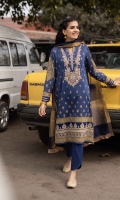 Shirt Printed & Embroidered Slub Lawn Shirt Front 1.15m Printed Slub Lawn Shirt Back & Sleeves 1.85m Embroidered Border 1PC Color: Blue Fabric: Slub Lawn  Trouser Dyed Cotton Trouser 2.5m Color: Blue Fabric: Cotton  Dupatta Yarn Dyed Khaddi Net Dupatta 2.5m Color: Blue and Golden Fabric: Khaddi Net Stripes