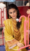 Shirt Dyed Extra Weft Jacquard Shirt 3.55m Embroidered Neckline 1PC Embroidered Border 1PC Embroidered Patti 1PC Color: Yellow Fabric: Extra Weft Jacquard  Trouser Dyed Cotton Trouser 2.5m Color: Yellow Fabric: Cotton  Dupatta Dyed Extra Weft Jacquard Dupatta 2.5m Color: Yellow Fabric: Extra Weft Jacquard