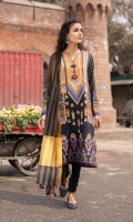 Shirt Printed & Embroidered Dobby Shirt Front 1.15m Printed Dobby Shirt Back & Sleeves 1.85m Color: Multi Fabric: Dobby  Trouser Dyed Cotton Trouser 2.5m Color: Black Fabric: Cotton  Dupatta Yarn Dyed Khaddi Net Dupatta 2.5m Color: Black and Yellow Fabric: Khaddi Net