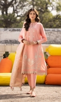 Shirt Dyed Embroidered Self Jacquard Shirt Front 1.15m Dyed Self Jacquard Shirt Back & Sleeves 1.85m Color: Tea Pink Fabric: Self Jacquard  Trouser Dyed Cotton Trouser 2.5m Color: Tea Pink Fabric: Cotton  Dupatta Yarn Dyed Jacquard Organza Dupatta 2.5m Color: Tea Pink Fabric: Yarn Dyed Jacquard Organza