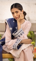 Shirt Dyed Embroidered Dobby Shirt Front 1.15m Dyed Dobby Shirt Back 1.15m Dyed Dobby Shirt Sleeves 0.7m Embroidered Border 1PC Color: Light Pink Fabric: Dobby  Trouser Dyed Cotton Trouser 2.5m Color: Light Pink Fabric: Cotton  Dupatta Dyed Embroidered Blended Karandi Dupatta 2.5m Color: Blue Fabric: Blended Karandi