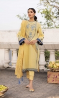 Shirt Dyed Embroidered Extra Weft Jacquard Shirt Front 1.15m Dyed Extra Weft Jacquard Shirt Back 1.15m Dyed Embroidered Extra Weft Jacquard Shirt Sleeves 0.7m Embroidered Pockets 2PC Embroidered Border 1PC Color: Yellow Fabric: Extra Weft Jacquard  Dupatta Dyed Extra Weft Jacquard Dupatta 2.5m Color: Yellow Fabric: Extra Weft Jacquard