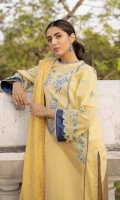 Shirt Dyed Embroidered Extra Weft Jacquard Shirt Front 1.15m Dyed Extra Weft Jacquard Shirt Back 1.15m Dyed Embroidered Extra Weft Jacquard Shirt Sleeves 0.7m Embroidered Pockets 2PC Embroidered Border 1PC Color: Yellow Fabric: Extra Weft Jacquard  Dupatta Dyed Extra Weft Jacquard Dupatta 2.5m Color: Yellow Fabric: Extra Weft Jacquard
