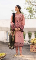 Shirt Dyed Embroidered Silky Lawn Shirt Front Center Panel 1PC Dyed Silky Lawn Shirt Back & Sleeves 1.85m Embroidered Border 1PC Embroidered Patti 1PC Color: Tea Pink Fabric: Silky Lawn  Trouser Dyed Cotton Trouser 2.5m Color: Tea Pink Fabric: Cotton  Dupatta Digital Printed Bemberg Tissue Glaze Dupatta 2.5m Color: Multi Fabric: Bemberg Tissue Glaze
