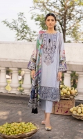 Shirt Digital Printed Silky Lawn Shirt 3m Embroidered Neckline 1PC Embroidered Border 1PC Embroidered Patti 6PC Color: Light Grey Fabric: Silky Lawn  Trouser Dyed Cotton Trouser 2.5m Color: Light Grey Fabric: Cotton  Dupatta Digital Printed Viscose Chiffon Dupatta 2.5m Color: Multi Fabric: Viscose Chiffon