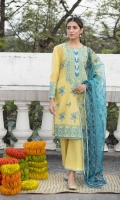 Shirt Dyed Embroidered Silky Lawn Shirt Front 1.15m Dyed Silky Lawn Shirt Back & Sleeves 1.85m Embroidered Neckline 1PC Embroidered Border 2PC Color: Yellow Fabric: Silky Lawn  Trouser Dyed Cotton Trouser 2.5m Color: Yellow Fabric: Cotton  Dupatta Digital Printed Blended Organza Dupatta 2.5m Color: Aqua Fabric: Blended Organza