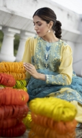 Shirt Dyed Embroidered Silky Lawn Shirt Front 1.15m Dyed Silky Lawn Shirt Back & Sleeves 1.85m Embroidered Neckline 1PC Embroidered Border 2PC Color: Yellow Fabric: Silky Lawn  Trouser Dyed Cotton Trouser 2.5m Color: Yellow Fabric: Cotton  Dupatta Digital Printed Blended Organza Dupatta 2.5m Color: Aqua Fabric: Blended Organza