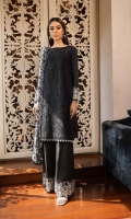 Shirt Dyed Embroidered Fine Lawn Shirt Front 1.15m Dyed Fine Lawn Shirt Back & Sleeves 1.85m Embroidered Border 1PC Embroidered Patti 1PC Color: Black Fabric: Fine Lawn  Trouser Dyed Cotton Trouser 2.5m Color: Black Fabric: Cotton  Dupatta Digital Printed & Embroidered Viscose Chiffon Dupatta 2.5m Color: Black and White Fabric: Viscose Chiffon