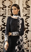 Shirt Dyed Embroidered Fine Lawn Shirt Front 1.15m Dyed Fine Lawn Shirt Back & Sleeves 1.85m Embroidered Border 1PC Embroidered Patti 1PC Color: Black Fabric: Fine Lawn  Trouser Dyed Cotton Trouser 2.5m Color: Black Fabric: Cotton  Dupatta Digital Printed & Embroidered Viscose Chiffon Dupatta 2.5m Color: Black and White Fabric: Viscose Chiffon