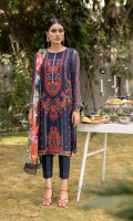 Shirt Dyed Embroidered Bemberg Crinkle Chiffon Shirt Front 1PC Dyed Bemberg Crinkle Chiffon Shirt Back 1.4m Dyed Embroidered Bemberg Crinkle Chiffon Shirt Sleeves 1m Embroidered Patti 3PC Dyed Thai Silk Slip 2m Color: Blue Fabric: Bemberg Crinkle Chiffon  Trouser Dyed Viscose Raw Silk Trouser 2.5m Color: Blue Fabric: Viscose Raw Silk  Dupatta Digital Printed Viscose Chiffon Dupatta 2.5m Color: Multi Fabric: Viscose Chiffon