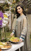 Shirt Dyed Embroidered Bemberg Crinkle Chiffon Shirt Front 0.66m Dyed Embroidered Bemberg Crinkle Chiffon Shirt Sleeves 1m Dyed Bemberg Crinkle Chiffon Shirt Back 1.4m Embroidered Border 1 1PC Embroidered Border 2 1PC Dyed Thai Silk Slip 2m Color: Grey Fabric: Bemberg Crinkle Chiffon  Trouser Dyed Viscose Raw Silk Trouser 2.5m Color: Grey Fabric: Viscose Raw Silk  Dupatta Dyed Embroidered Bemberg Crinkle Chiffon Dupatta 2.5m Color: Grey Fabric: Bemberg Crinkle Chiffon
