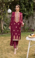 Shirt Dyed Embroidered Bemberg Crinkle Chiffon Shirt Front 1PC Dyed Bemberg Crinkle Chiffon Shirt Back 1.4m Dyed Embroidered Bemberg Crinkle Chiffon Shirt Sleeves 1m Embroidered Border 1PC Dyed Thai Silk Slip 2m Color: Maroon Fabric: Bemberg Crinkle Chiffon  Trouser Dyed Viscose Raw Silk Trouser 2.5m Color: Maroon Fabric: Viscose Raw Silk  Dupatta Dyed Embroidered Bemberg Crinkle Chiffon Dupatta 2.5m Color: Maroon Fabric: Bemberg Crinkle Chiffon