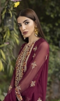 Shirt Dyed Embroidered Bemberg Crinkle Chiffon Shirt Front 1PC Dyed Bemberg Crinkle Chiffon Shirt Back 1.4m Dyed Embroidered Bemberg Crinkle Chiffon Shirt Sleeves 1m Embroidered Border 1PC Dyed Thai Silk Slip 2m Color: Maroon Fabric: Bemberg Crinkle Chiffon  Trouser Dyed Viscose Raw Silk Trouser 2.5m Color: Maroon Fabric: Viscose Raw Silk  Dupatta Dyed Embroidered Bemberg Crinkle Chiffon Dupatta 2.5m Color: Maroon Fabric: Bemberg Crinkle Chiffon