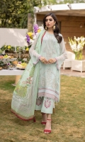 Shirt Dyed Embroidered Bemberg Crinkle Chiffon Shirt front 0.66m Dyed Embroidered Bemberg Crinkle Chiffon Shirt Side & Back Panels 1.4m Dyed Bemberg Crinkle Chiffon Shirt Sleeves 1m Embroidered Motifs 3PC Embroidered Border 4PC Dyed Thai Silk Slip 2m Color: Mint Green Fabric: Bemberg Crinkle Chiffon  Trouser Dyed Viscose Raw Silk Trouser 2.5m Color: Mint Green Fabric: Viscose Raw Silk  Dupatta Digital Printed Viscose Chiffon Dupatta 2.5m Color: Multi Fabric: Viscose Chiffon
