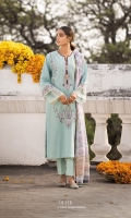 Shirt Dyed Embroidered Self Jacquard Shirt Front 1.15m Dyed Self Jacquard Shirt Back & Sleeves 1.85m Embroidered Pockets 2PC Embroidered Border 1PC Embroidered Patti 1PC Color: Sky Blue Fabric: Self Jacquard  Trouser Dyed Cotton Trouser 2.5m Color: Sky Blue Fabric: Cotton  Dupatta Digital Printed Zari Dupatta 2.5m Color: Multi Fabric: Zari