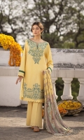 Shirt Dyed Embroidered Fine Lawn Shirt Front 1.15m Dyed Fine Lawn Shirt Back 1.15m Dyed Embroidered Fine Lawn Shirt Sleeves 0.7m Color: Yellow Fabric: Fine Lawn  Trouser Dyed Cotton Trouser 2.5m Color: Yellow Fabric: Cotton  Dupatta Digital Printed Viscose Chiffon Dupatta 2.5m Color: Multi Fabric: Viscose Chiffon